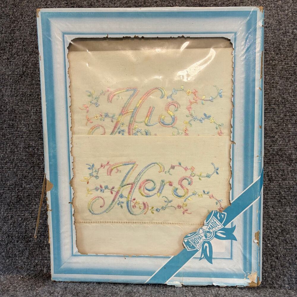 Vintage His & Hers Embroidered Pillowcases Set Blue Gold Floral Linen NIB Box